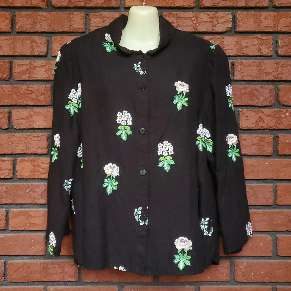Nina McLemore Linen Jacket Sz 12 Made in USA Black Embroidered Dark Cottage